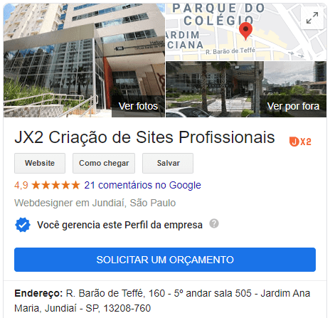 Ficha no Google Meu negócio da JX2 que mostra sua reputação de 4.9 pontos