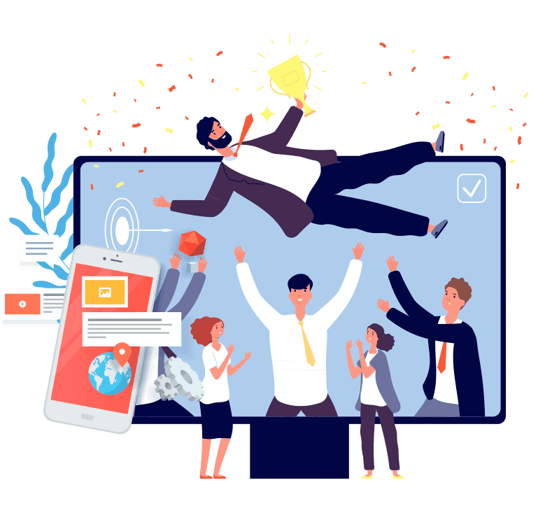 Ilustração de um grupo de pessoas celebrando o sucesso do site pronto